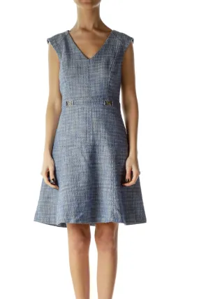 Blue Tweed A-Line Work Dress