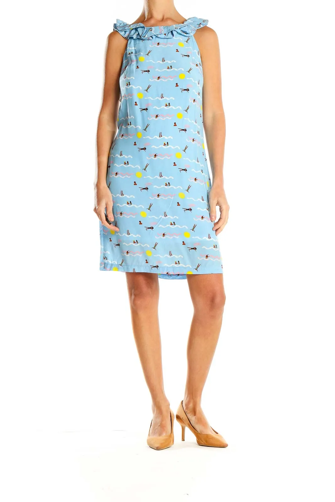 Blue Whimsical Beach Print Sleeveless Dress