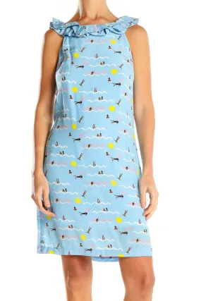 Blue Whimsical Beach Print Sleeveless Dress