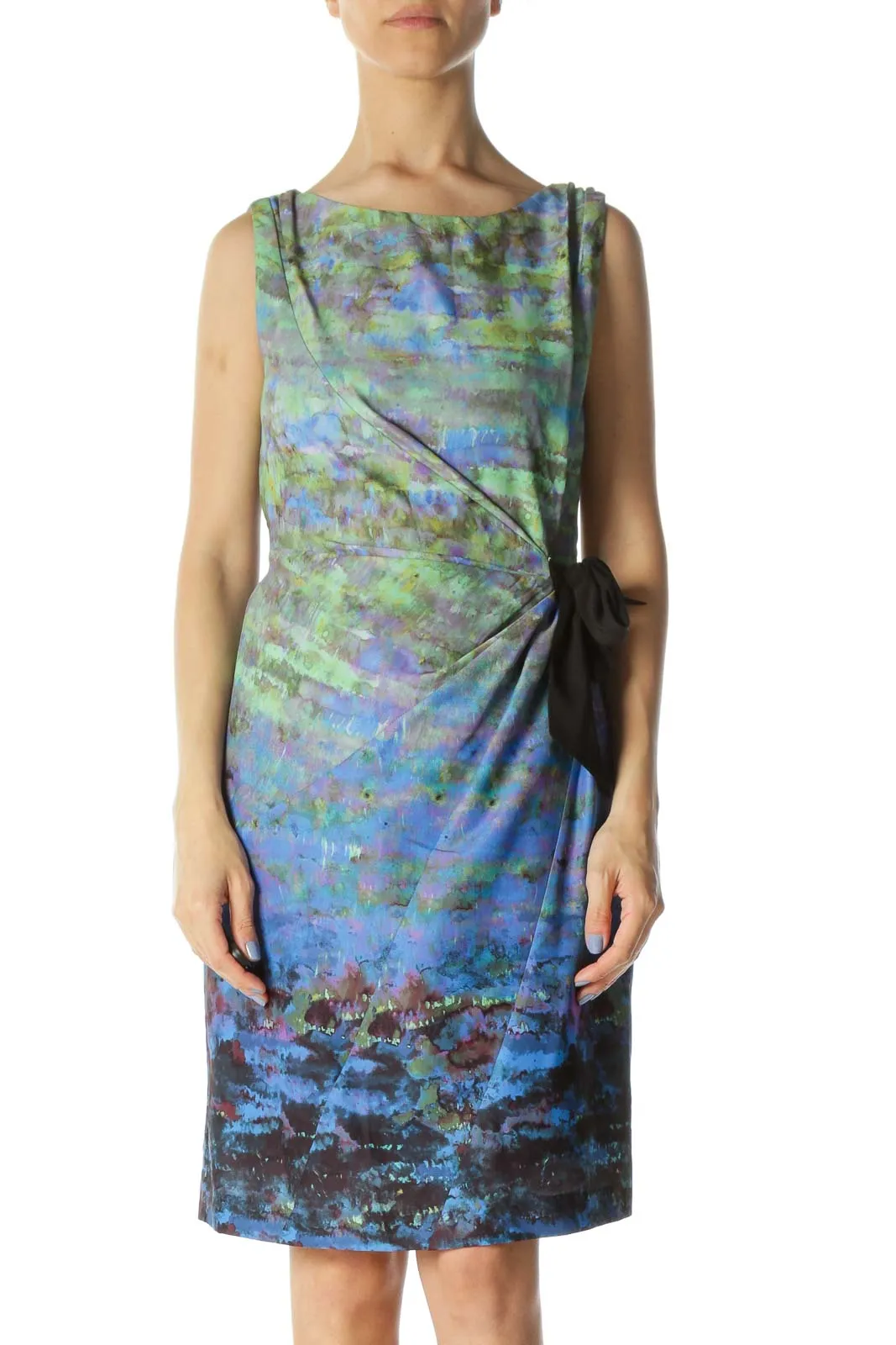 Blue/Green/Black Paint-Print Lined Belt Work Dress