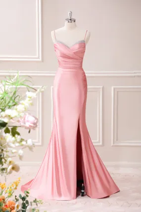 Blush Mermaid Spaghetti Straps Satin Maxi Dress with Slit