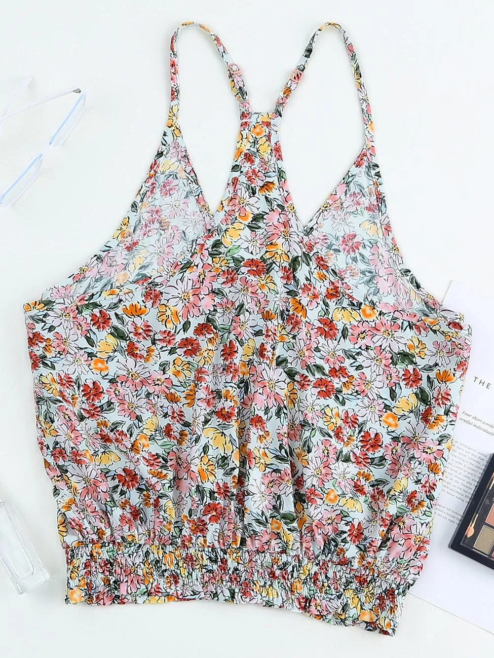 Bohemian Ditsy Floral V Neck Crop Top with Elastic Cincher