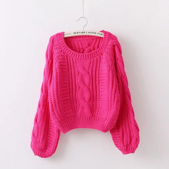 Cable Knit High-waist Loose Short Pullover Sweater