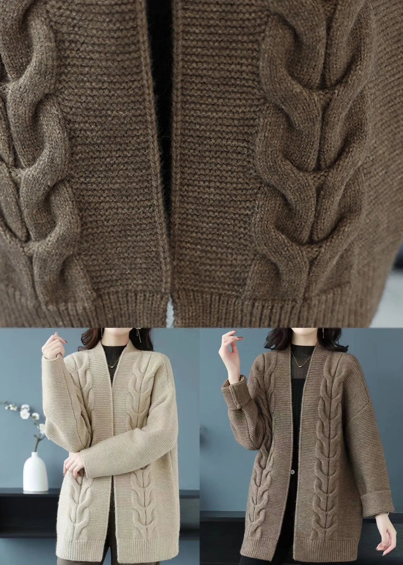 Camel Patchwork Women Thick Wool Cardigans V Neck Fall