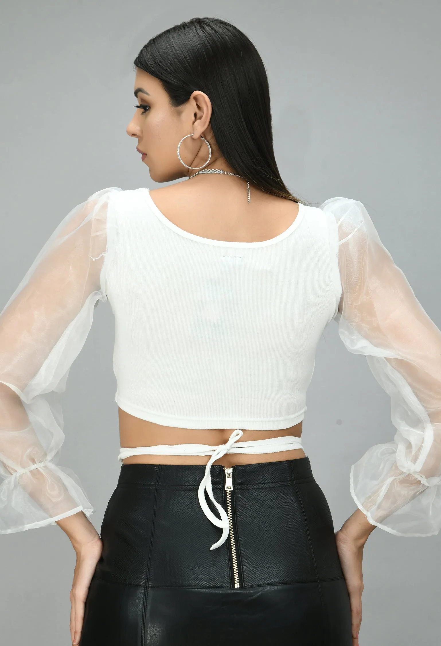 Casual White Organza Lycra Tie Top