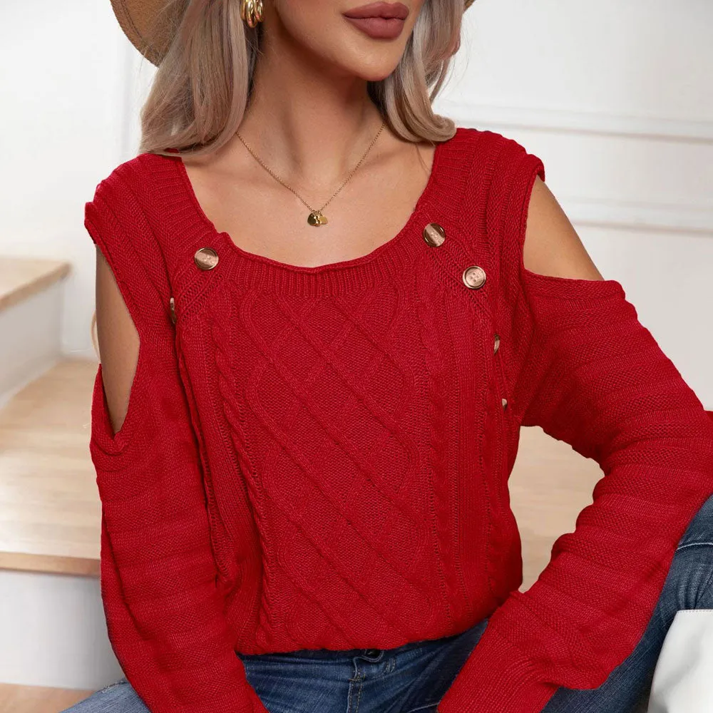 Chic Button Trim Round Neck Cold Shoulder Fisherman Cable Knit Pullover Sweater