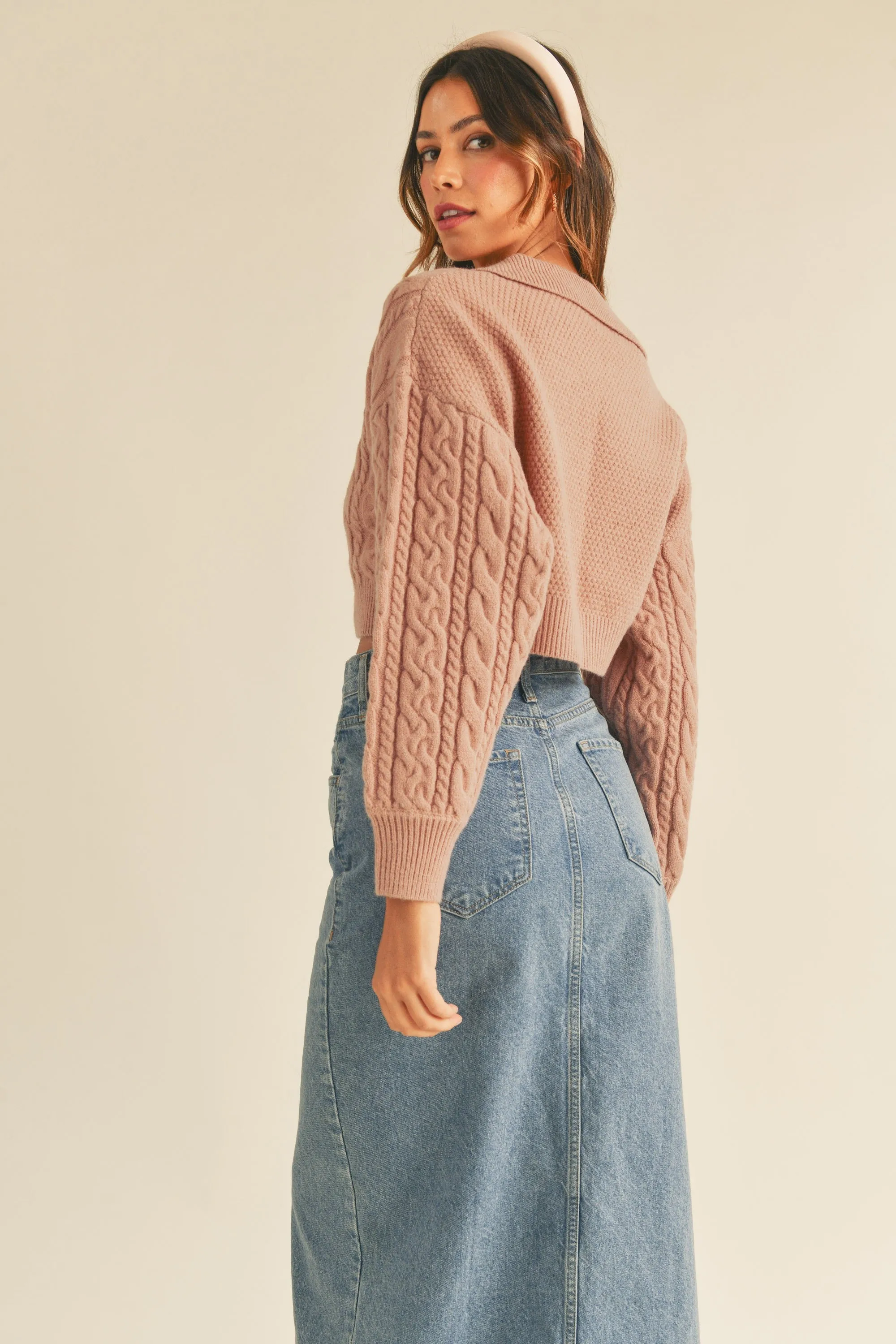 Collared Cable Knit Cropped Sweater in Dusty Rose