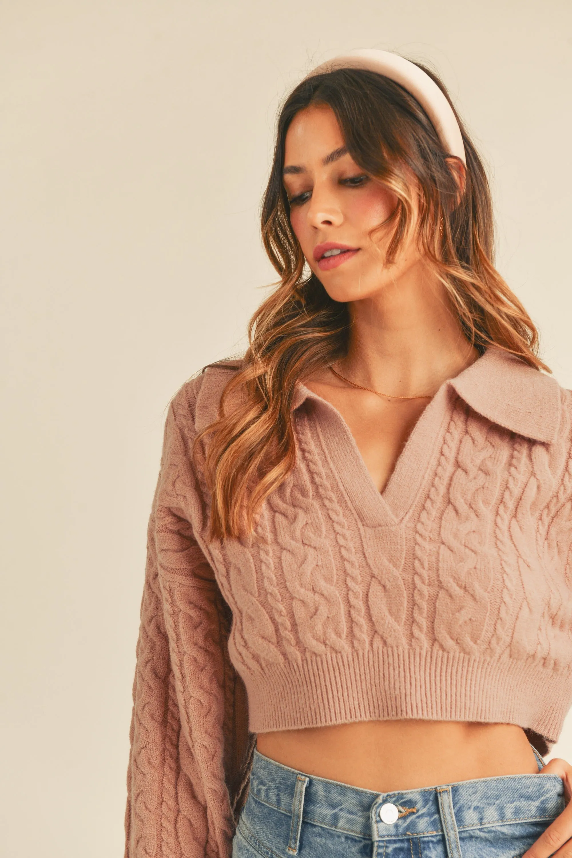 Collared Cable Knit Cropped Sweater in Dusty Rose