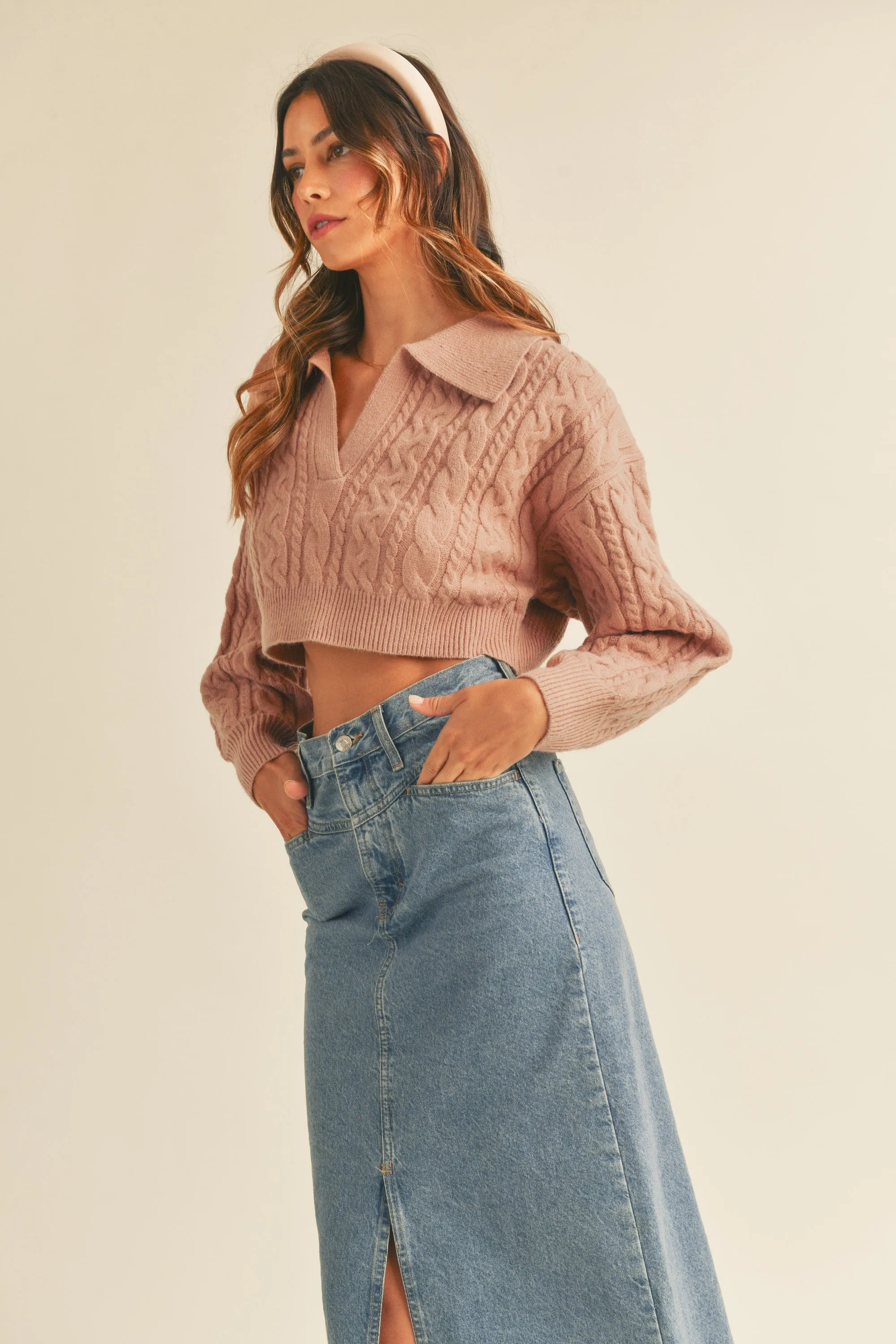 Collared Cable Knit Cropped Sweater in Dusty Rose