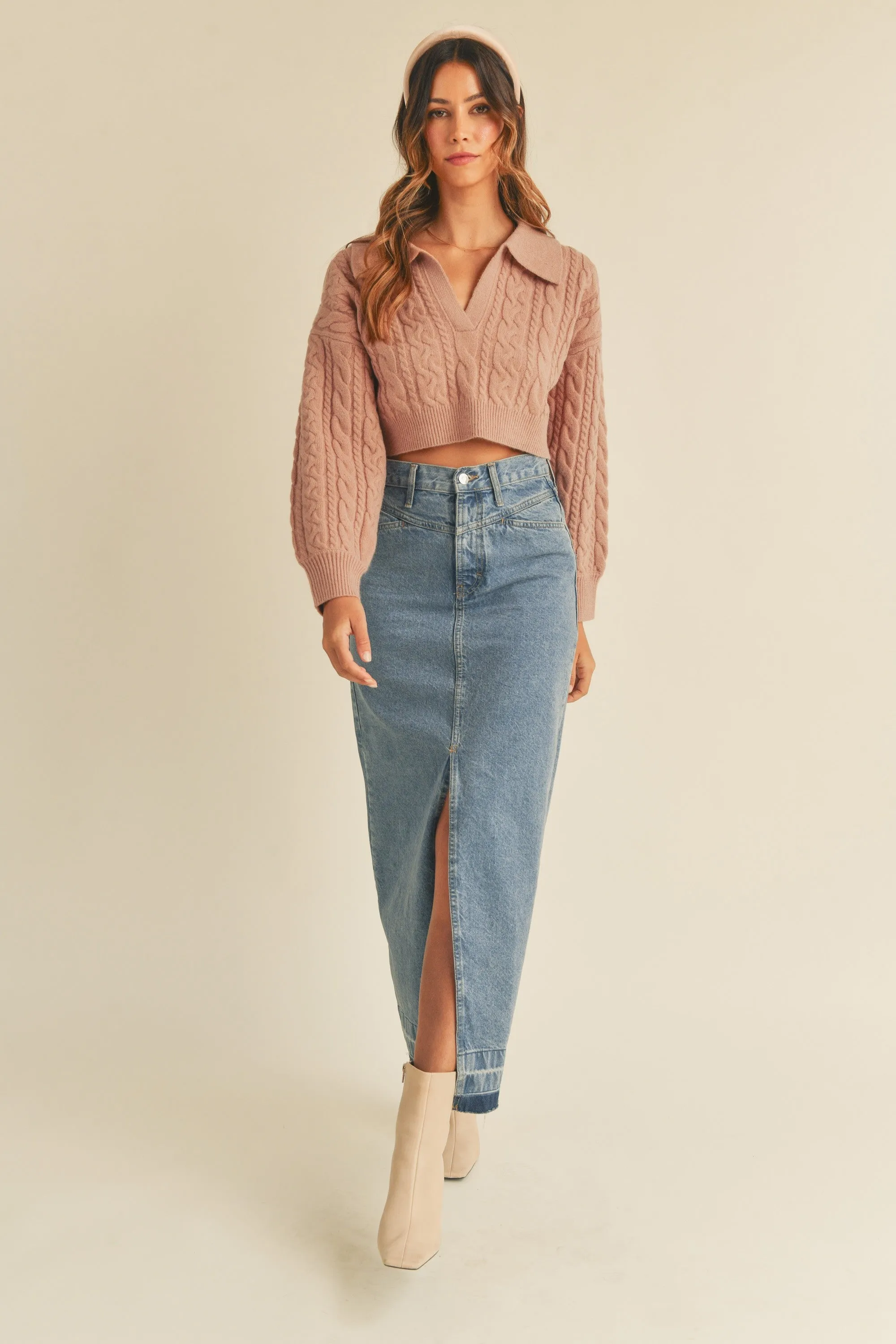 Collared Cable Knit Cropped Sweater in Dusty Rose