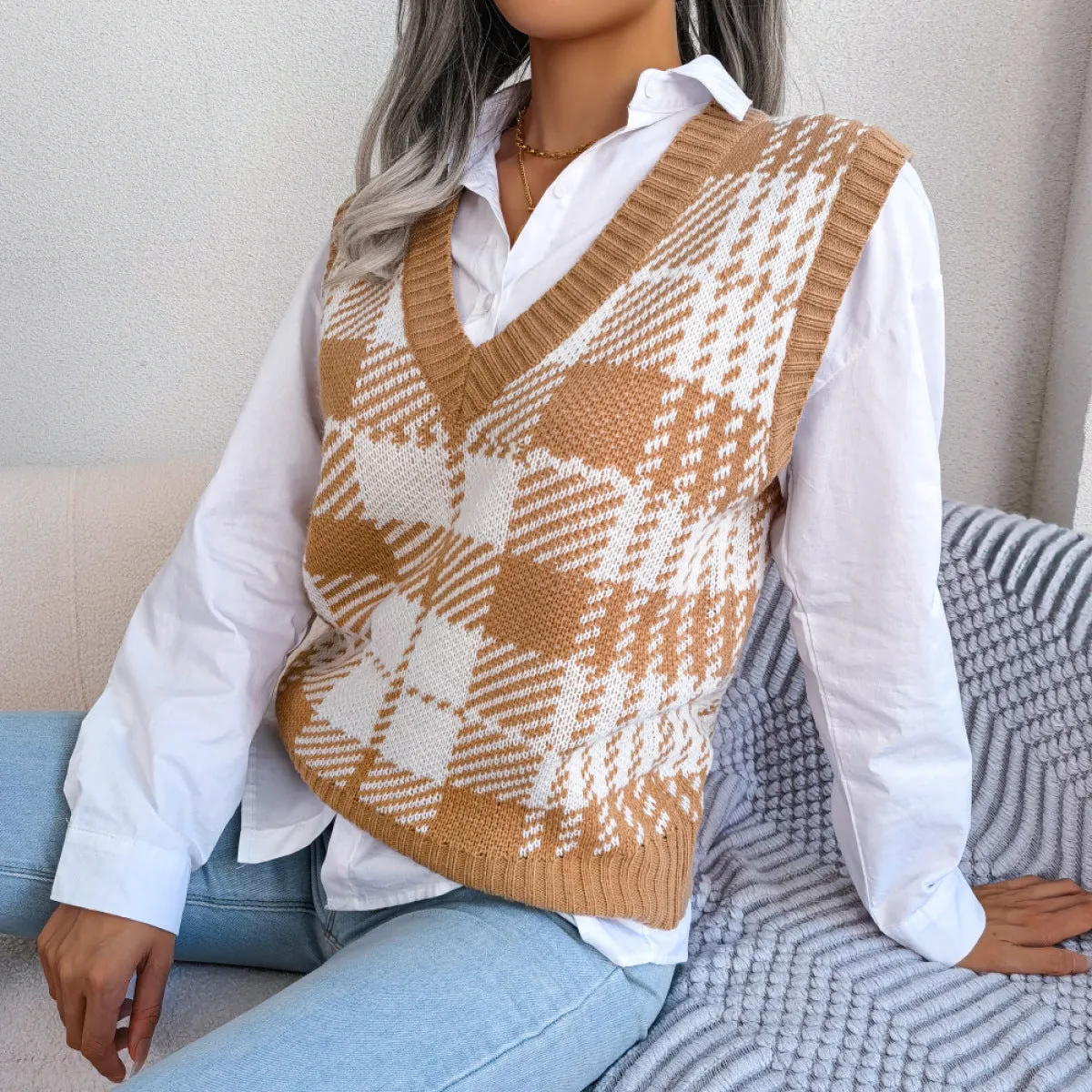 Colorblock Plaid Knit Vest