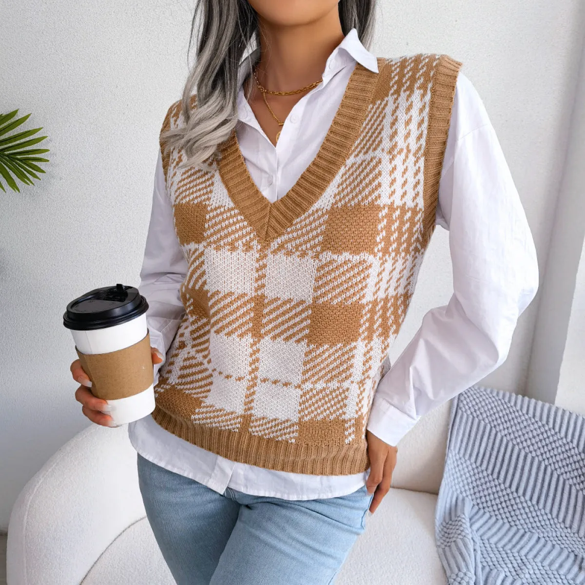 Colorblock Plaid Knit Vest