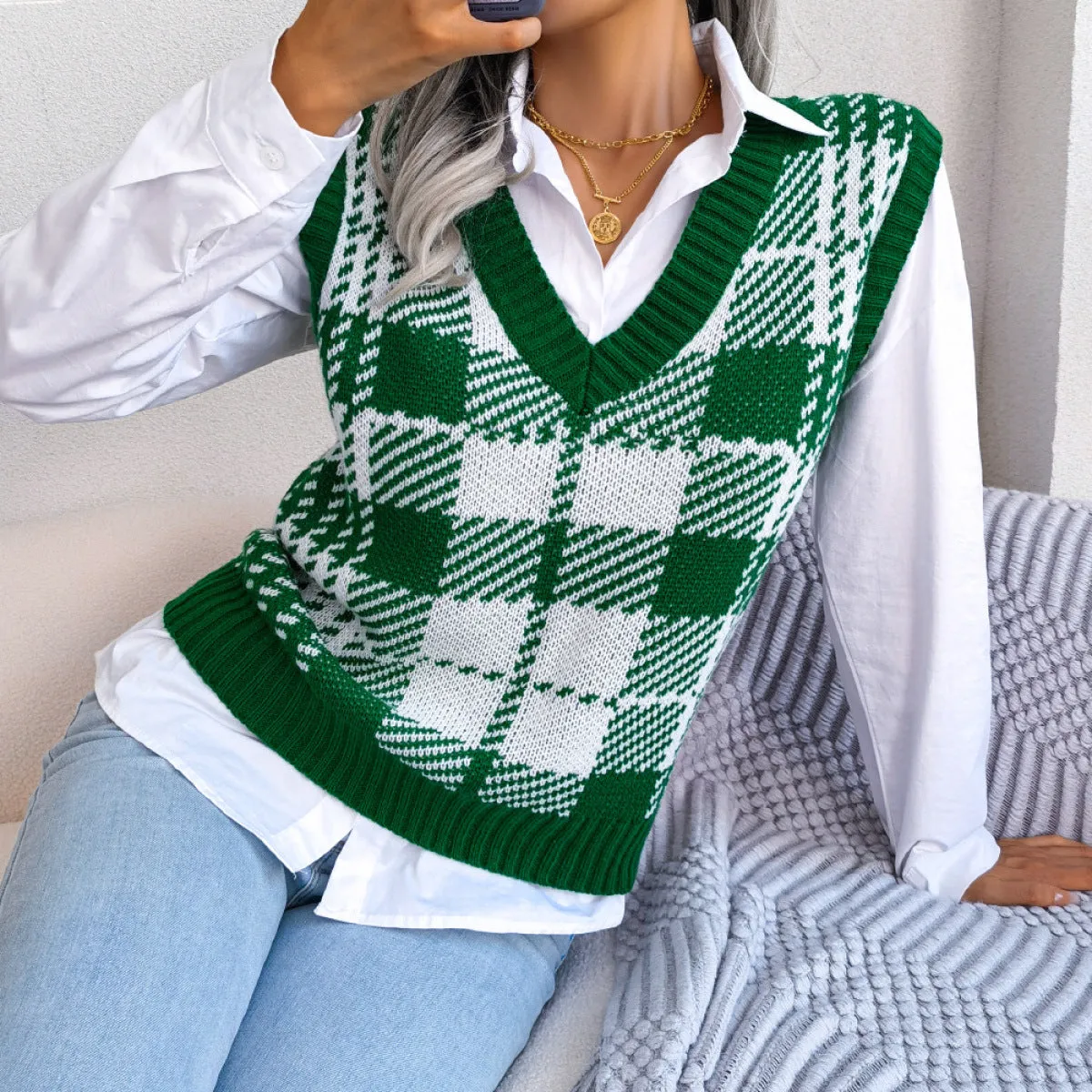 Colorblock Plaid Knit Vest