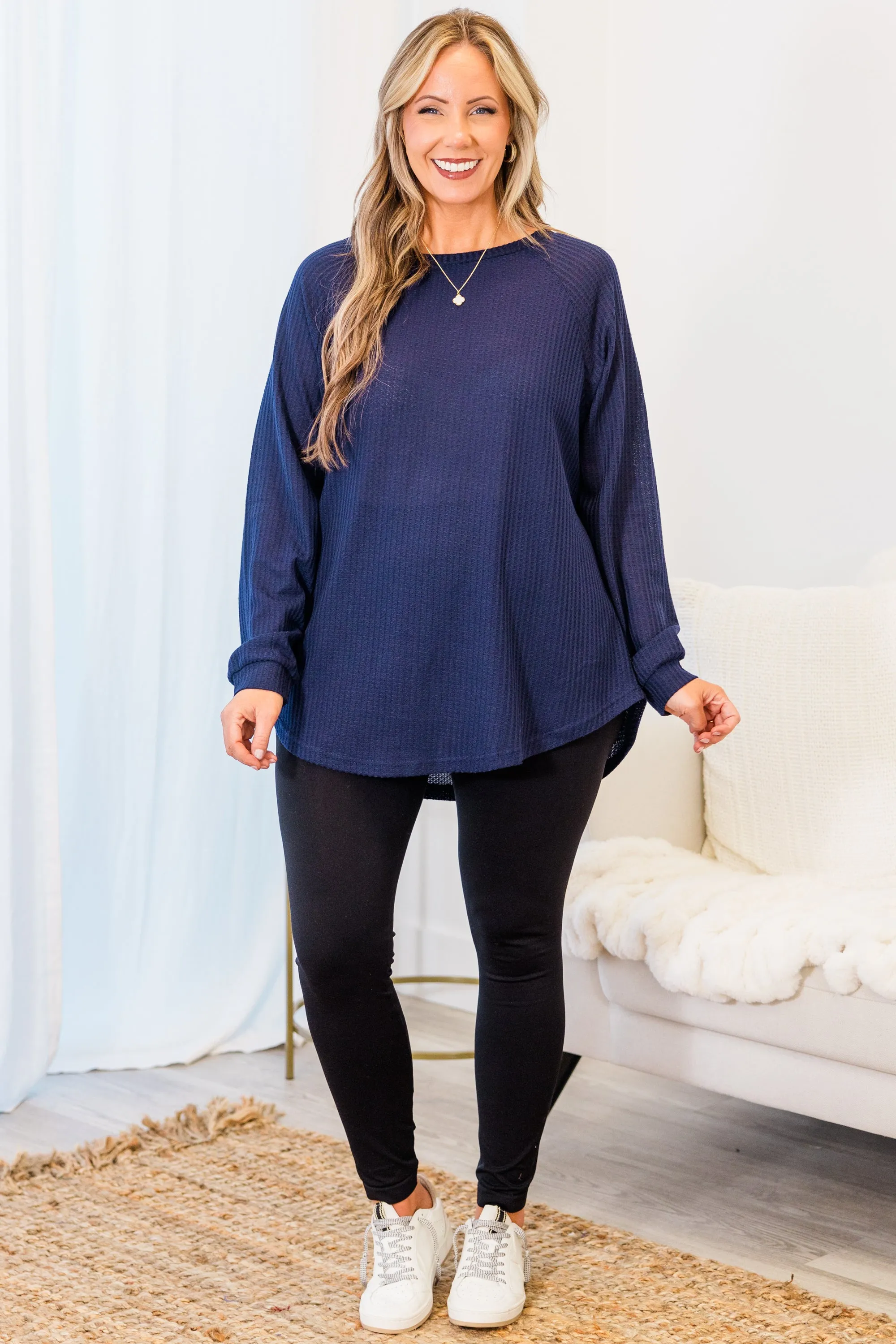 Curved Hem Slouchy Dolman Tunic, Navy Thermal