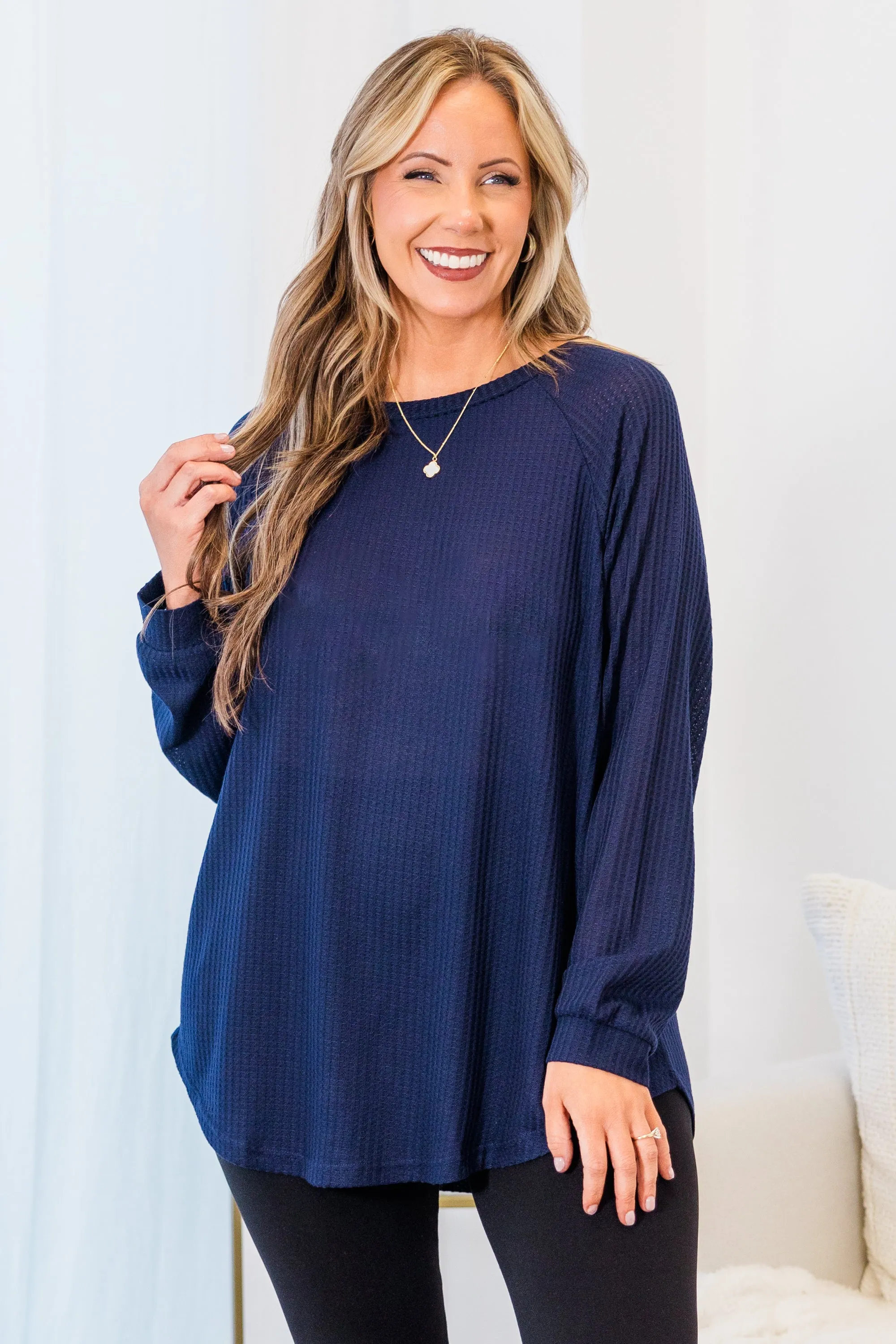 Curved Hem Slouchy Dolman Tunic, Navy Thermal