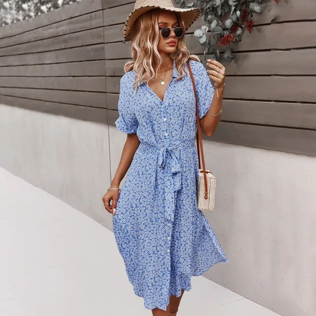 deanwangkt Beach Boho Summer Dress Shirt  Floral Vintage High Waist Dresses Women Casual Loose Single-Breasted Midi Slim Elegant Robe