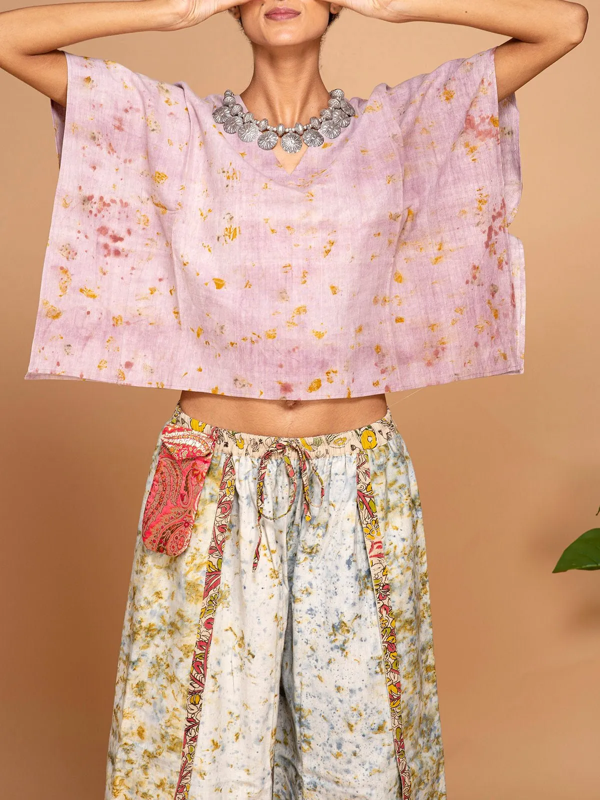 Ecoprinted Handwoven Kimono Crop Top Pink