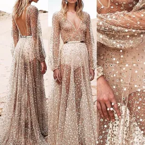 Elegant Mesh Sequins Slim Long Dress