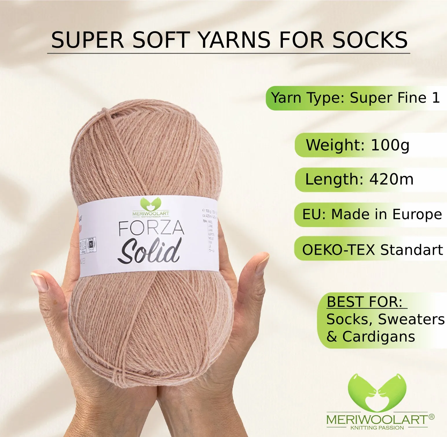 FORZA SOLID Beige-4607 WOOL SOCK YARN 100g 420m