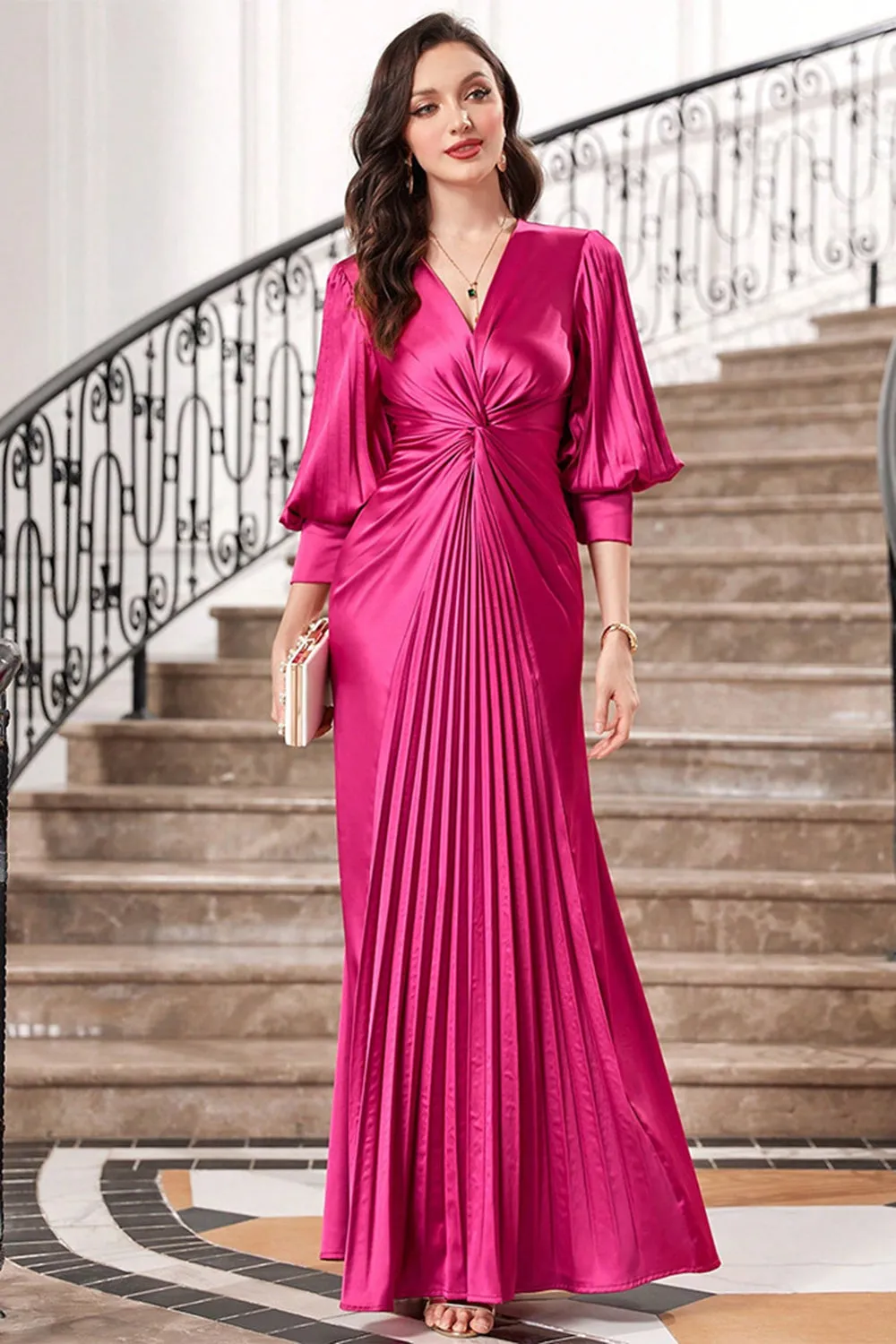 Fuchsia Pleated Maxi Prom Dress with Lantern Sleeves