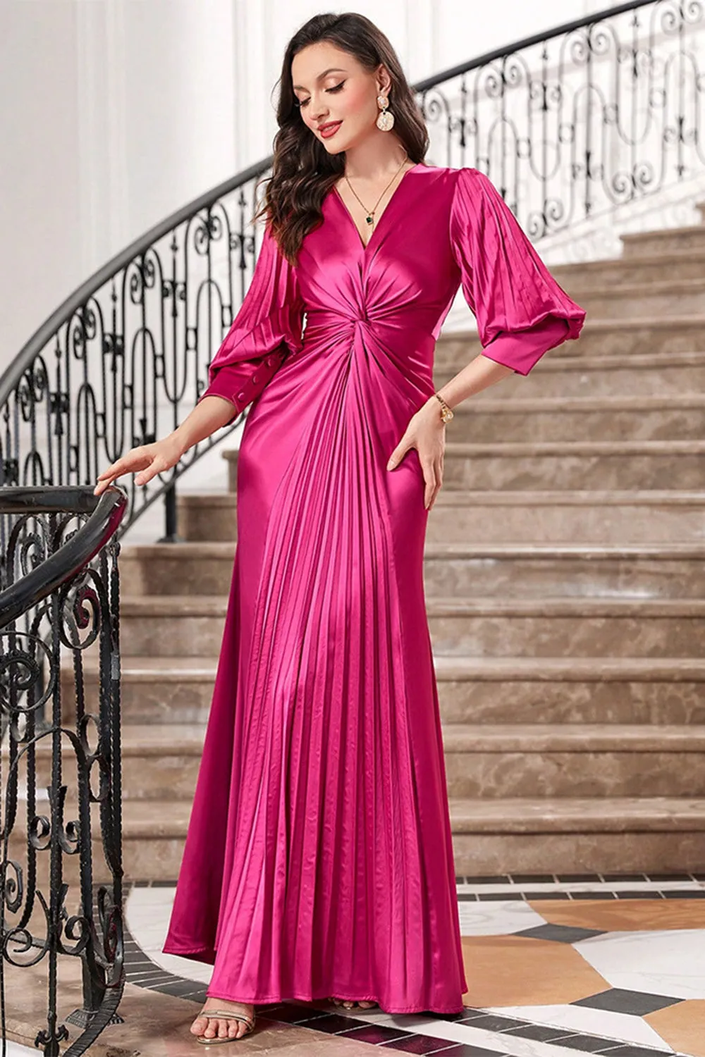 Fuchsia Pleated Maxi Prom Dress with Lantern Sleeves