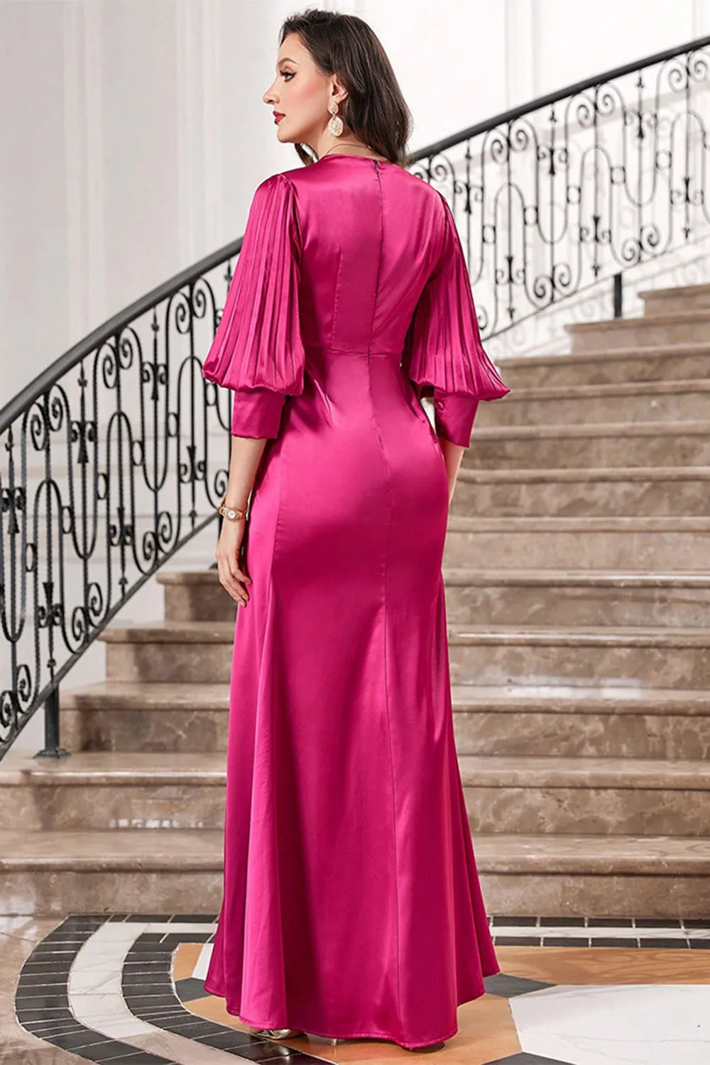 Fuchsia Pleated Maxi Prom Dress with Lantern Sleeves