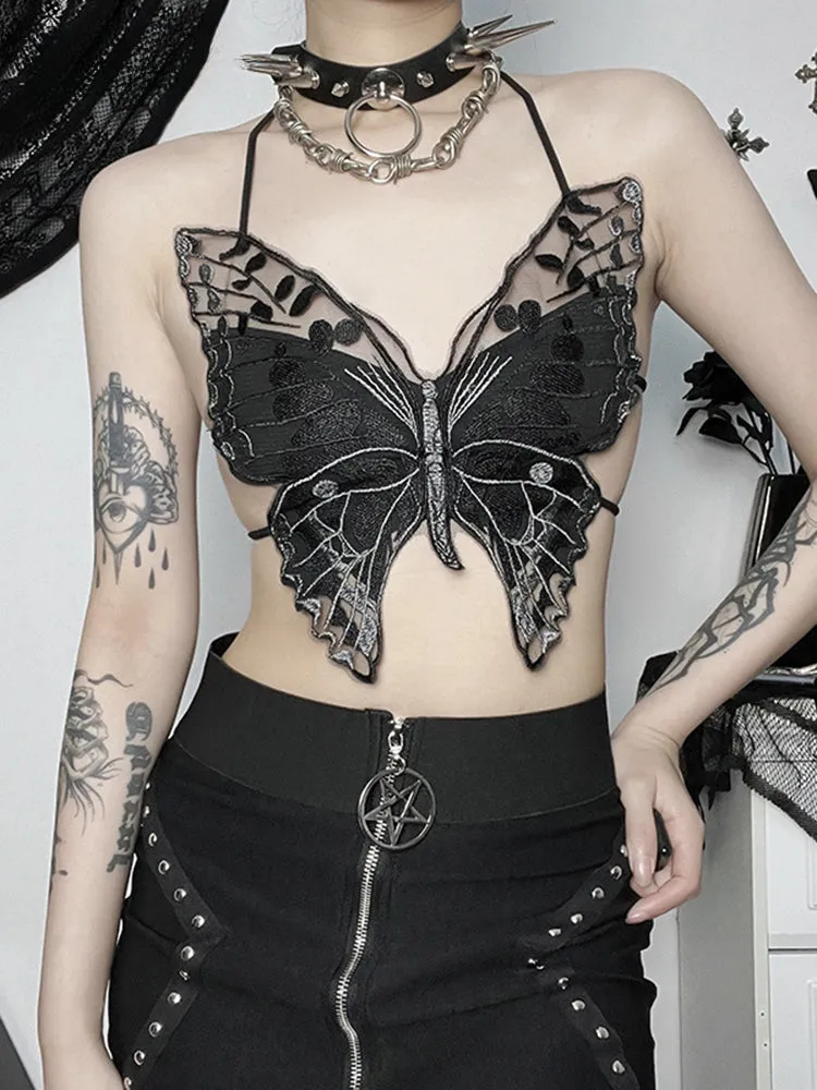 Gothic Backless Crop Butterfly Streetwear Lace Summer Out Hollow Top