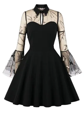 Gothic Embroidered Lapel Flare Mesh Sleeve Plus Size Dress A-line Vampire Dress