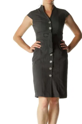 Gray Button-Down Slim Midi Work Dress