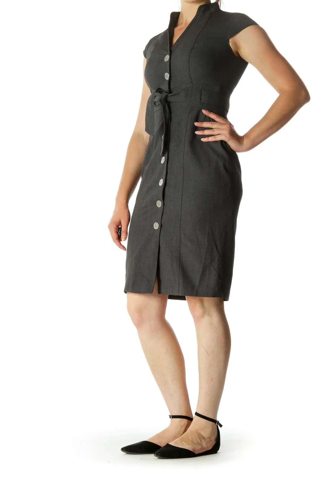 Gray Button-Down Slim Midi Work Dress