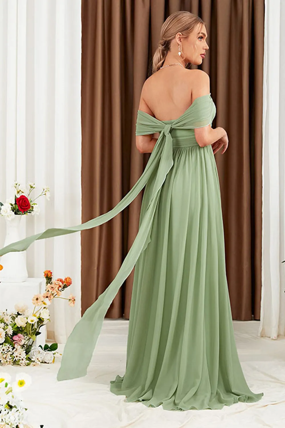 Green A Line Off The Shoulder Pleated Maxi Dress