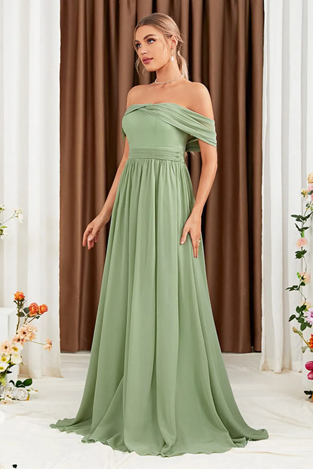 Green A Line Off The Shoulder Pleated Maxi Dress