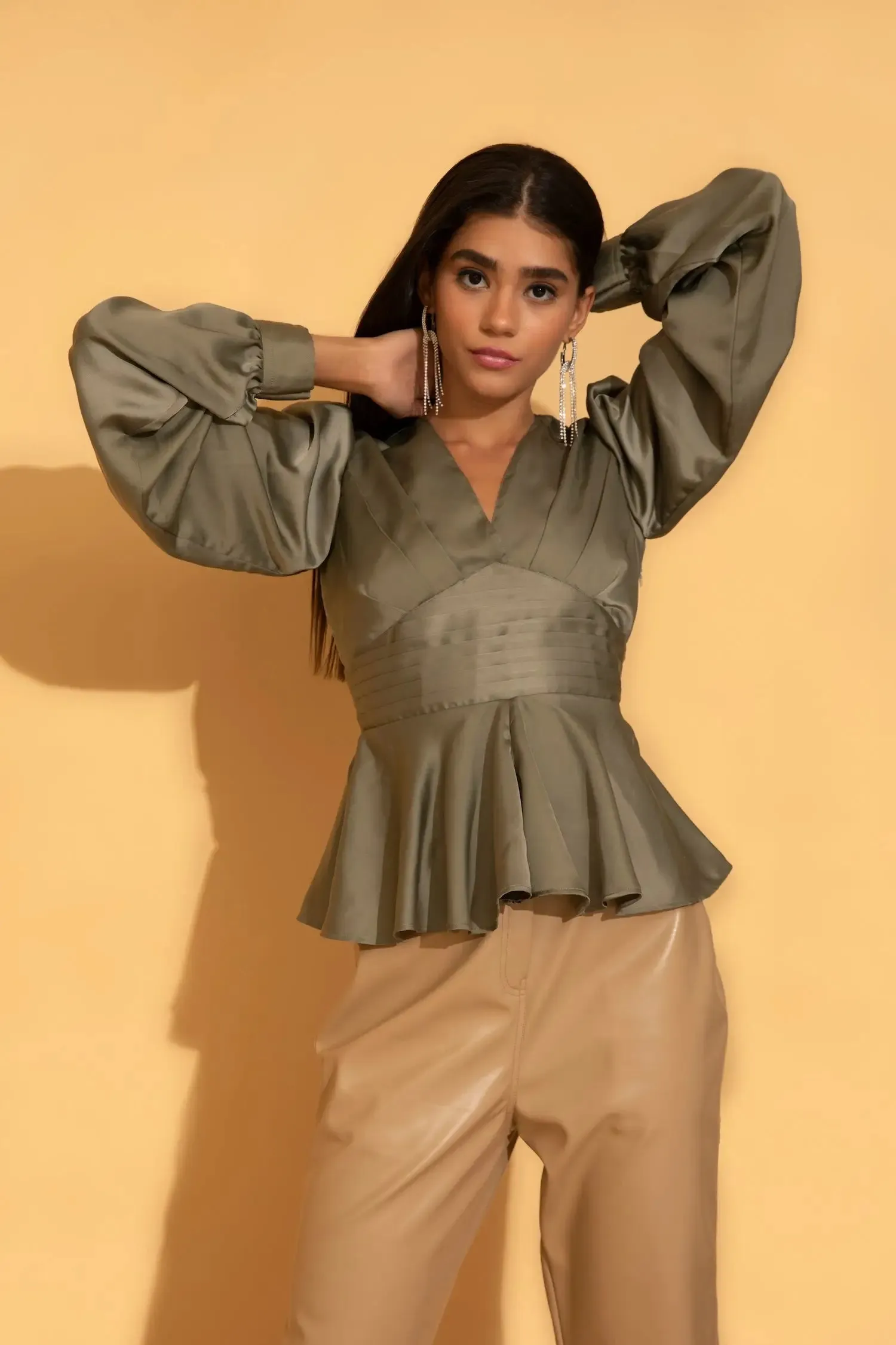 Green Satin Ruffle Top