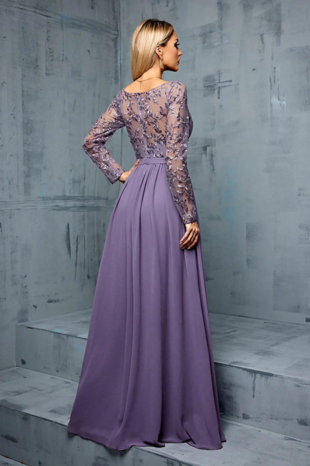 Grey Purple A Line V Neck Embroidered Chiffon Maxi Dress with Long Sleeves