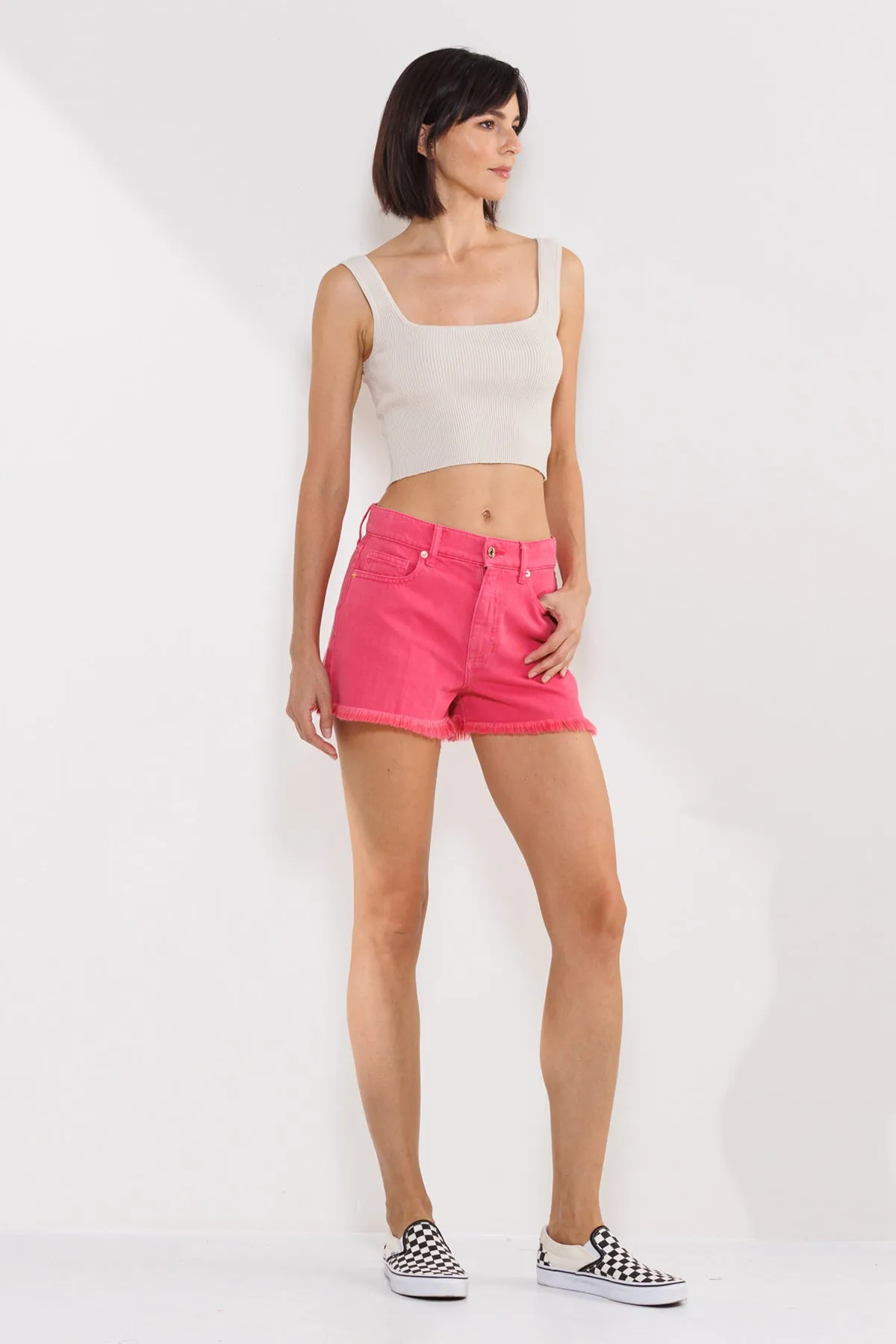 HIGH RISE 90'S SHORTS WITH FRAY HEM IN FRENCH PINK / SP-S7458FP