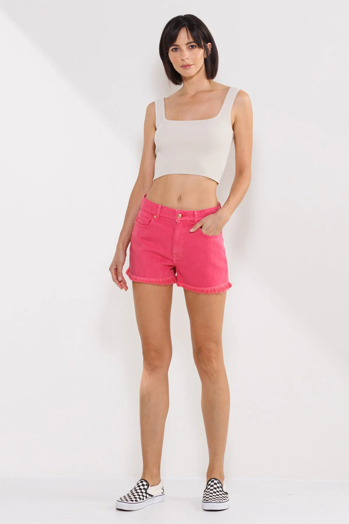 HIGH RISE 90'S SHORTS WITH FRAY HEM IN FRENCH PINK / SP-S7458FP