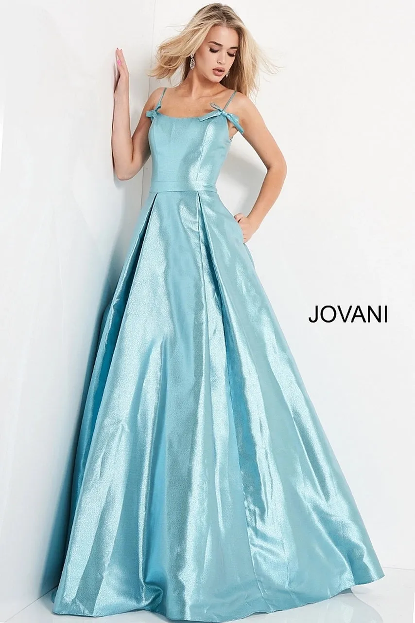 Jovani JVN03479 Blue Metallic Prom Dress Ballgown Spaghetti Straps with Bows size 6