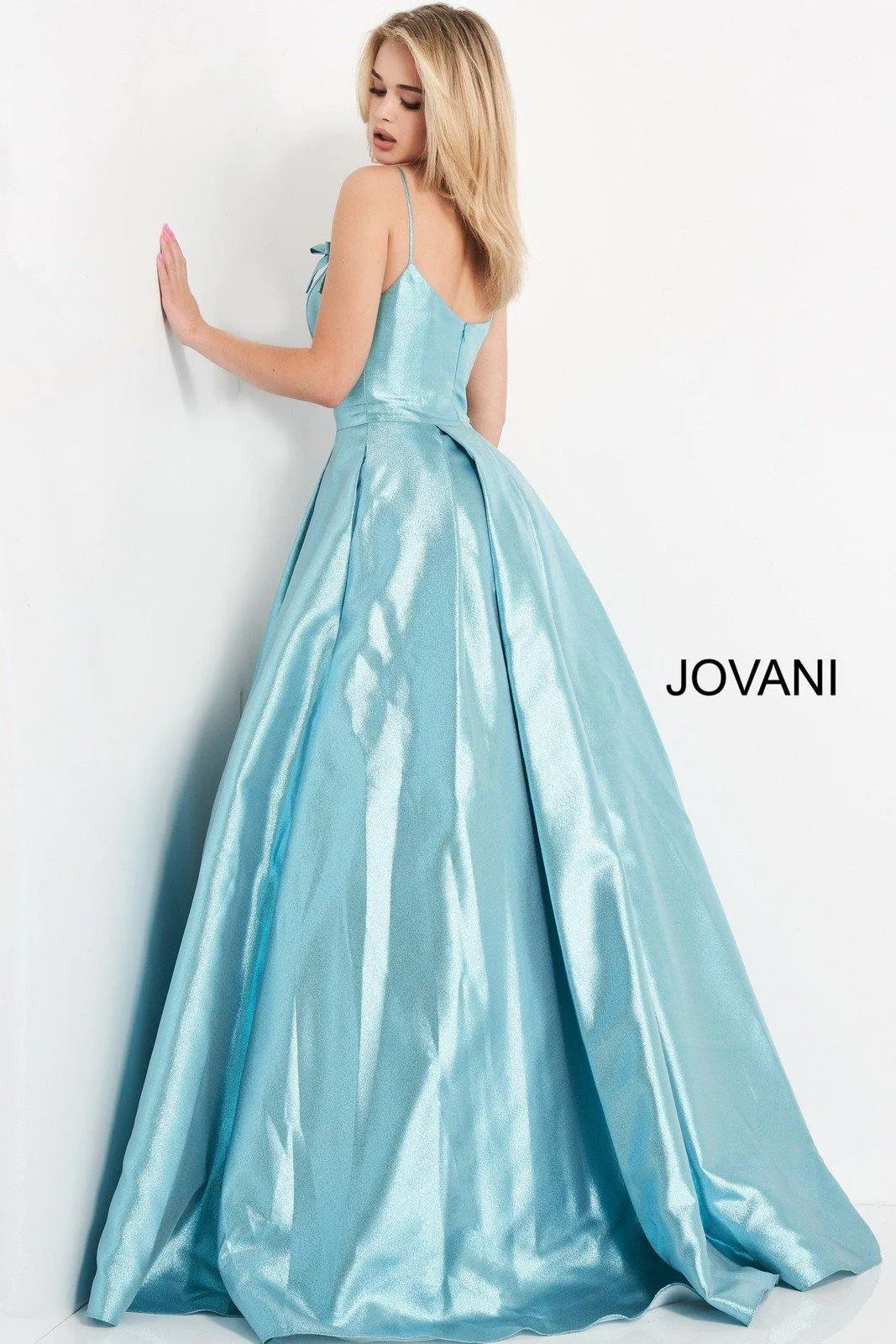 Jovani JVN03479 Blue Metallic Prom Dress Ballgown Spaghetti Straps with Bows size 6