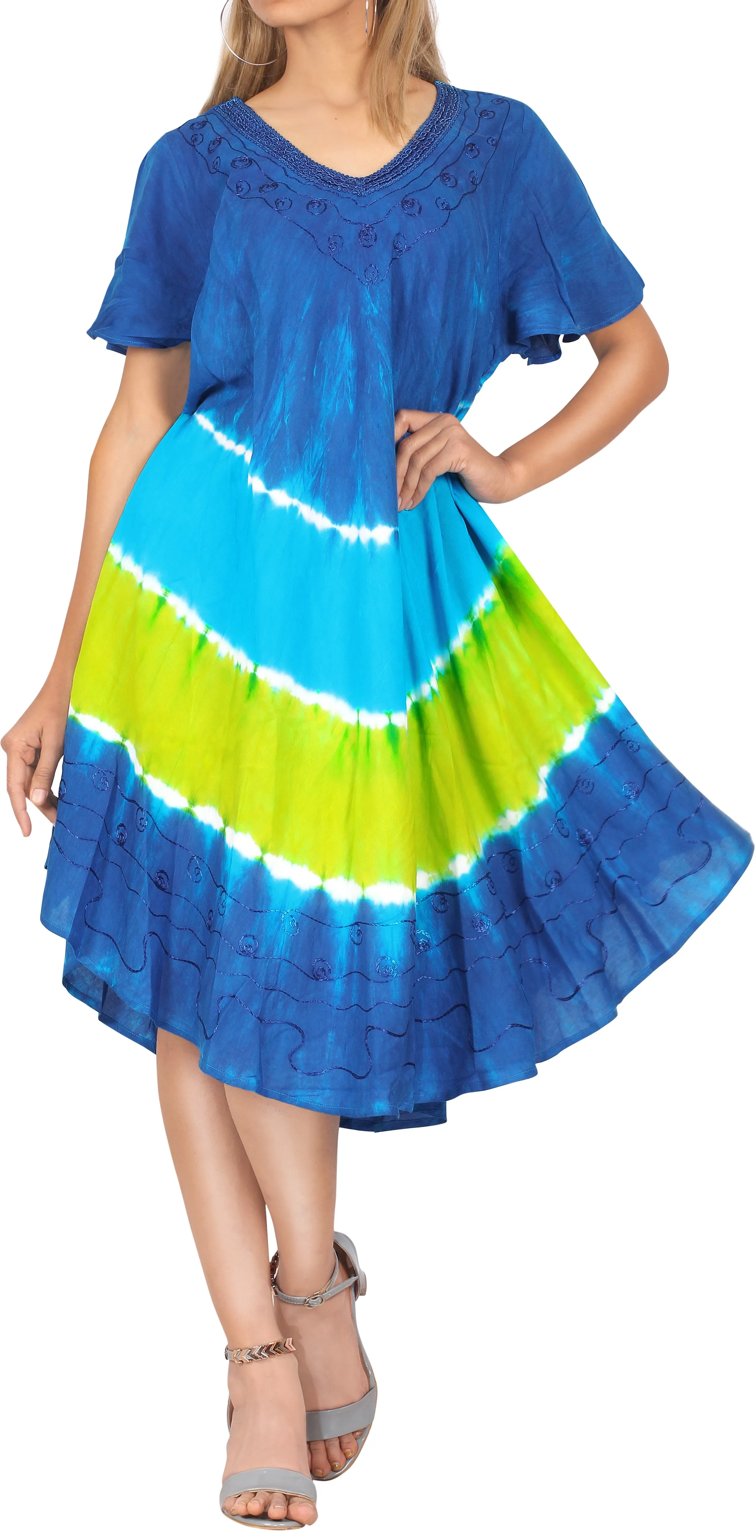 LA LEELA Embroidered Tie Dye Short Beachwear Dress OSFM 14-20W [L- 2X]Blue_3692