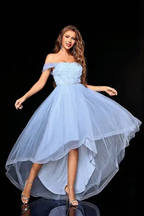 Light Blue Tulle A Line Off the Shoulder Appliques Maxi Dress