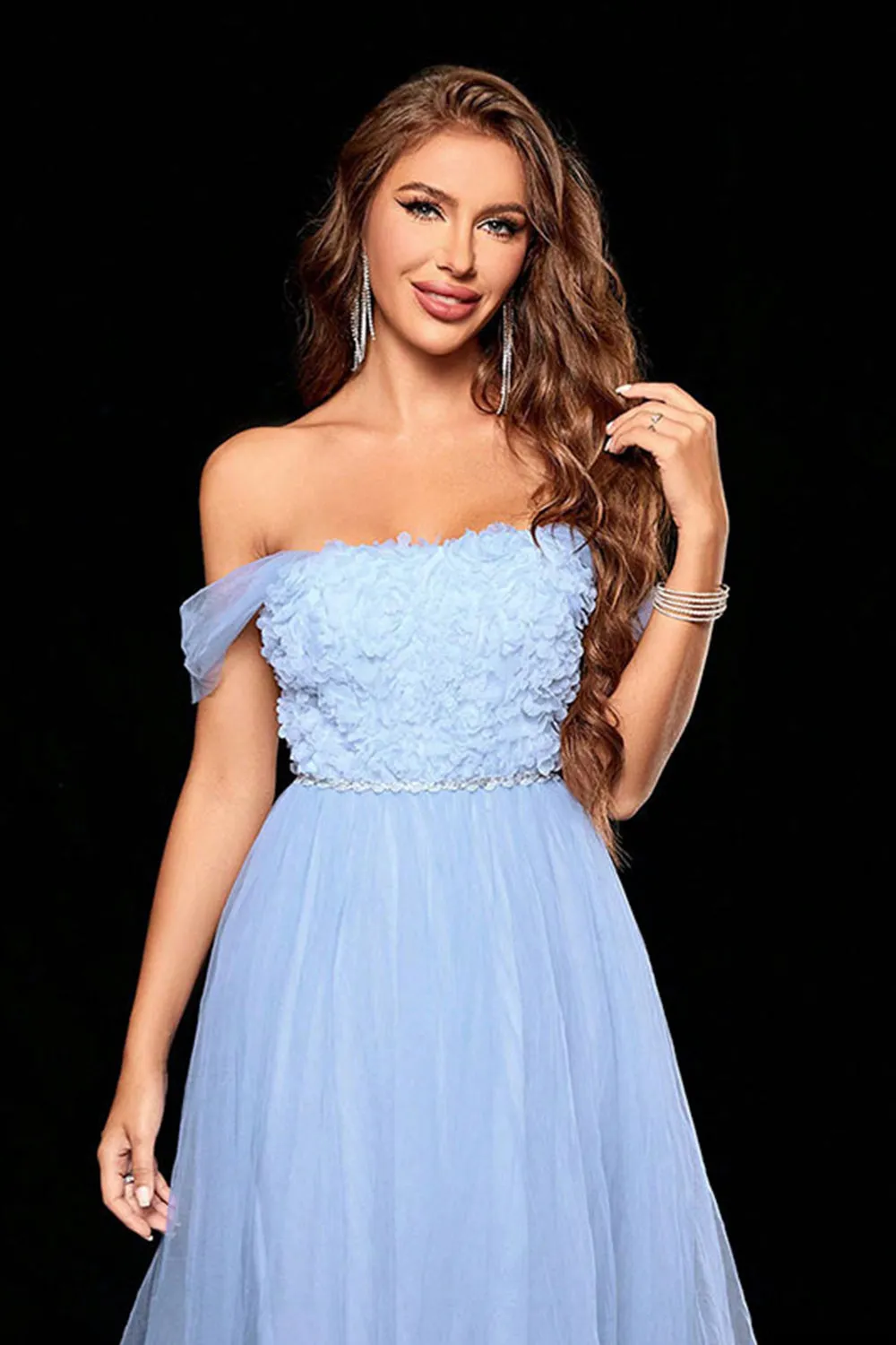 Light Blue Tulle A Line Off the Shoulder Appliques Maxi Dress