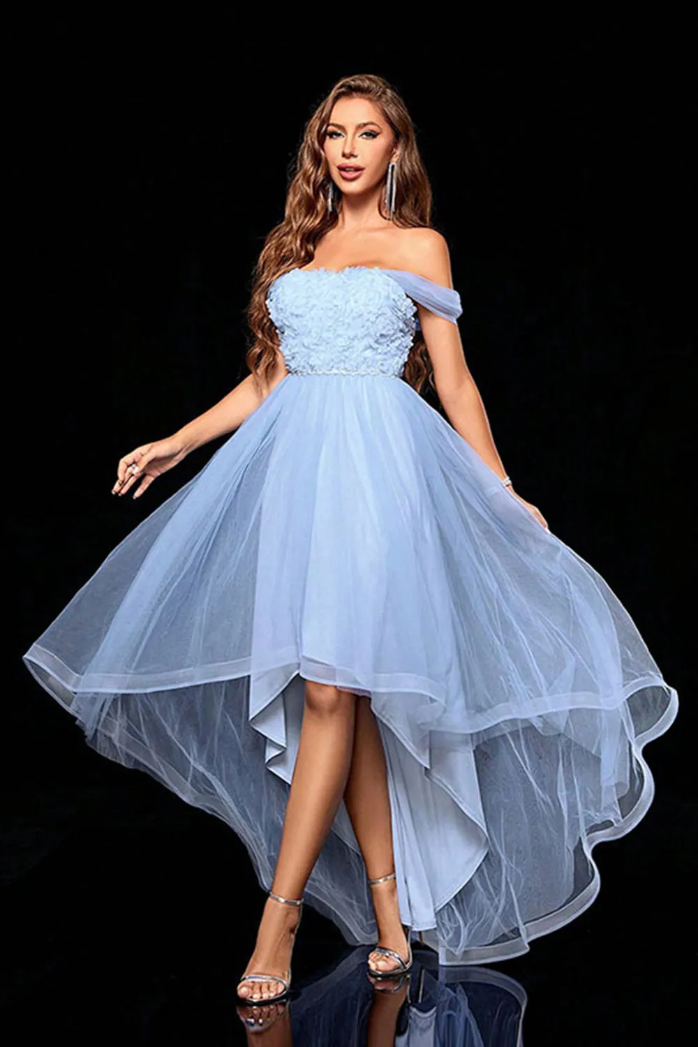 Light Blue Tulle A Line Off the Shoulder Appliques Maxi Dress