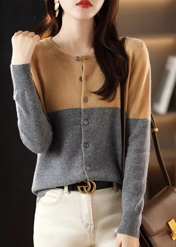 Loose Camel Patchwork Button Wool Knit Cardigans Fall QT012