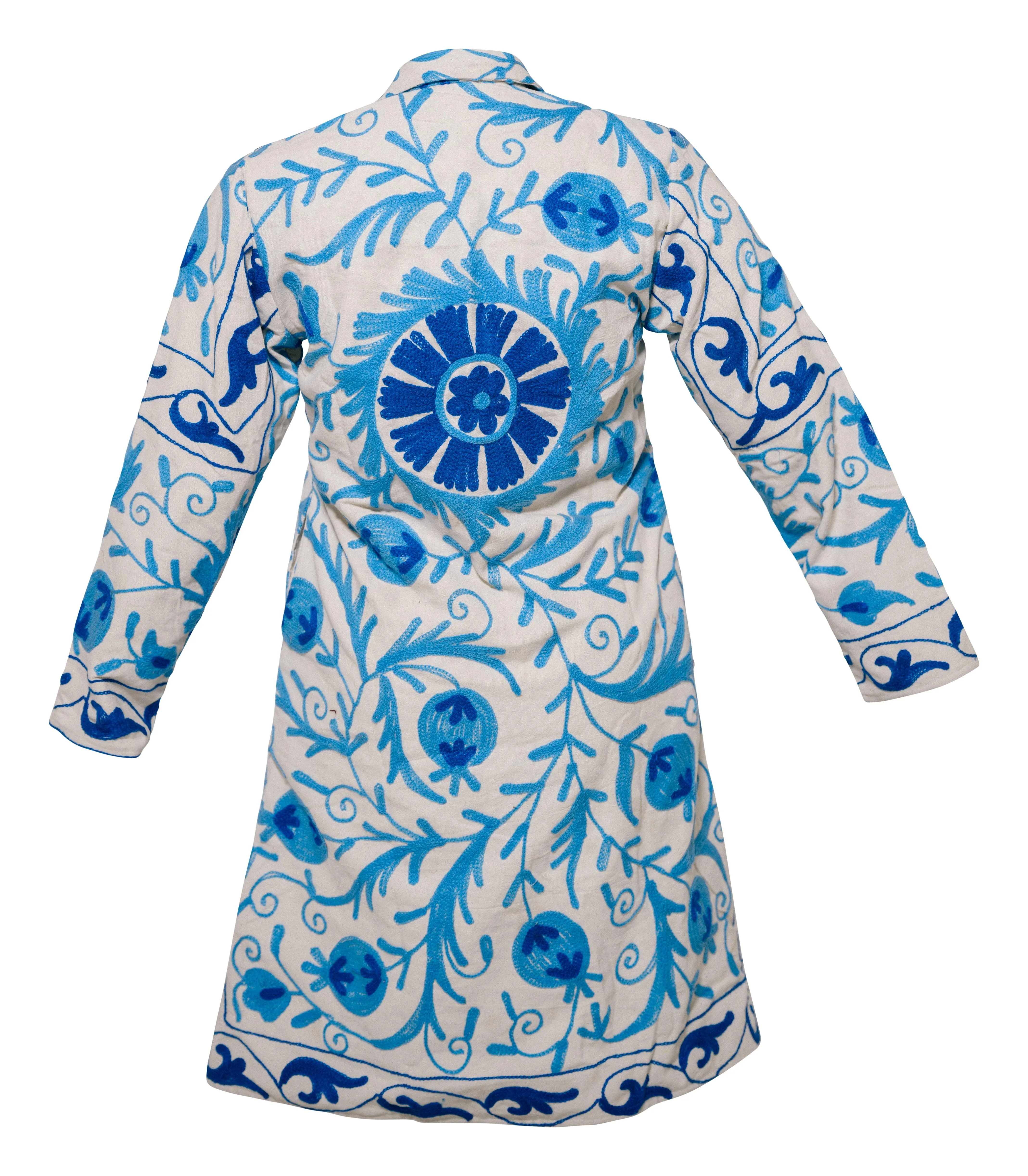 MALIKA COAT - Suzani Embroidery Blue on White