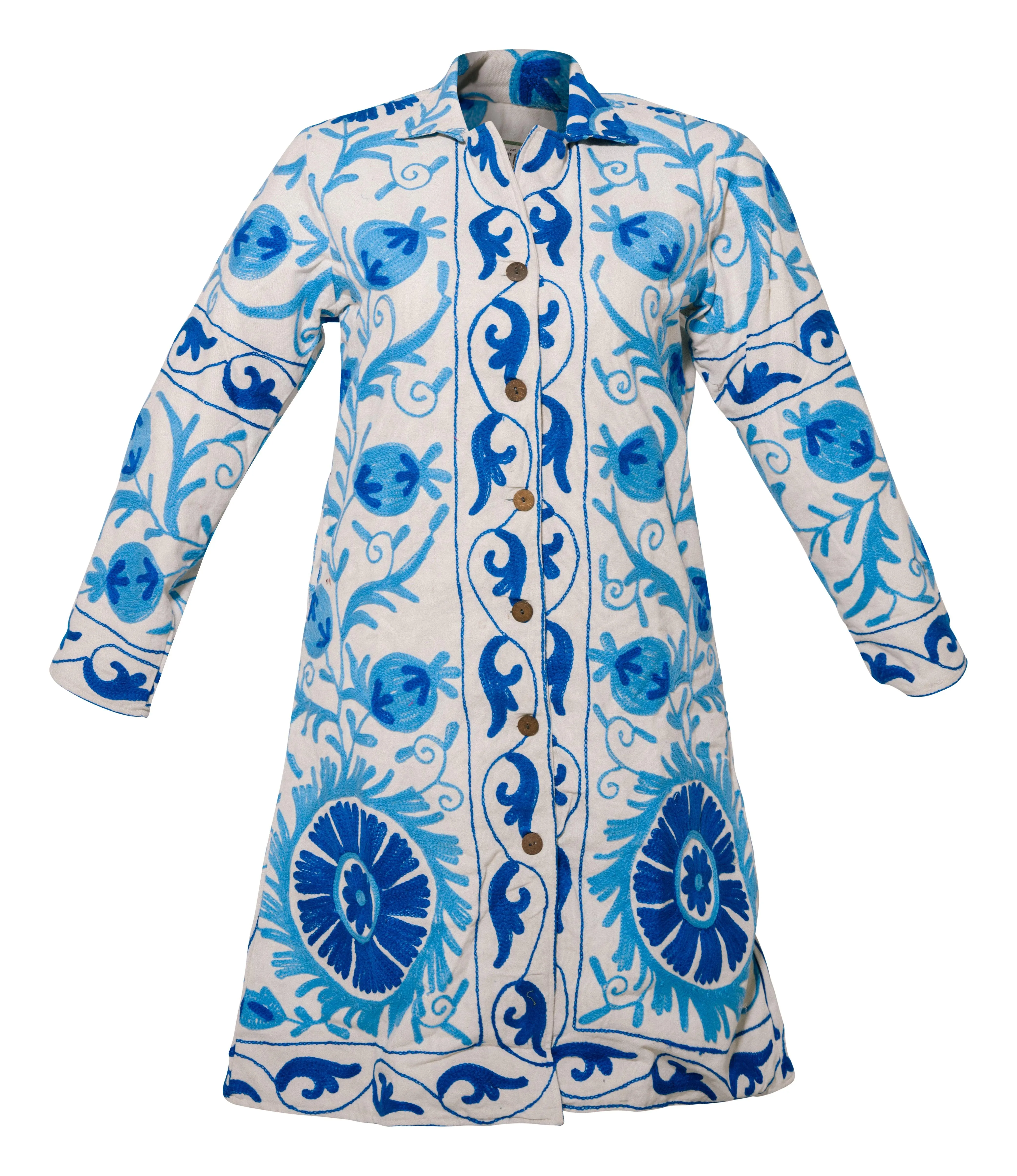 MALIKA COAT - Suzani Embroidery Blue on White