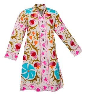 MALIKA COAT - Suzani Embroidery PINK & TURQ on White