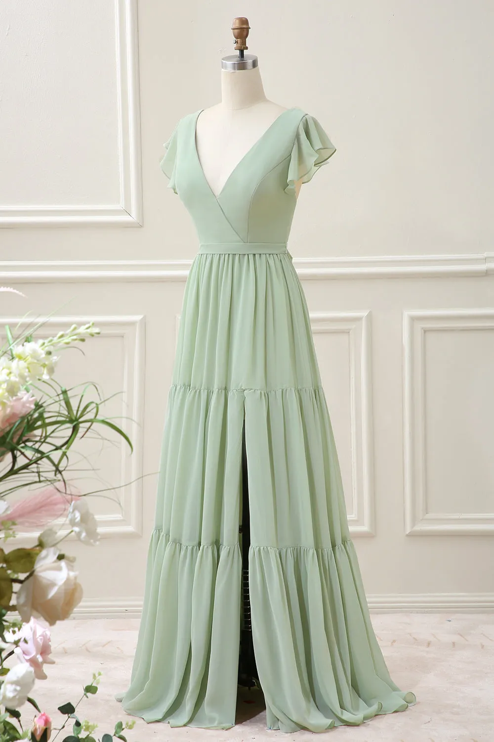 Matcha V Neck A Line Chiffon Maxi Dress with Slit