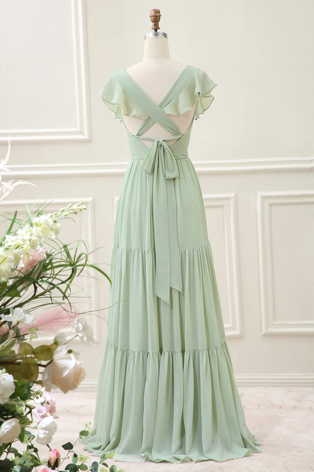 Matcha V Neck A Line Chiffon Maxi Dress with Slit