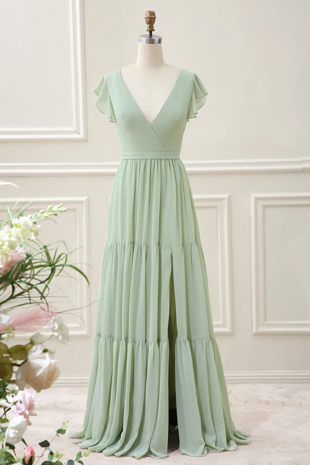 Matcha V Neck A Line Chiffon Maxi Dress with Slit