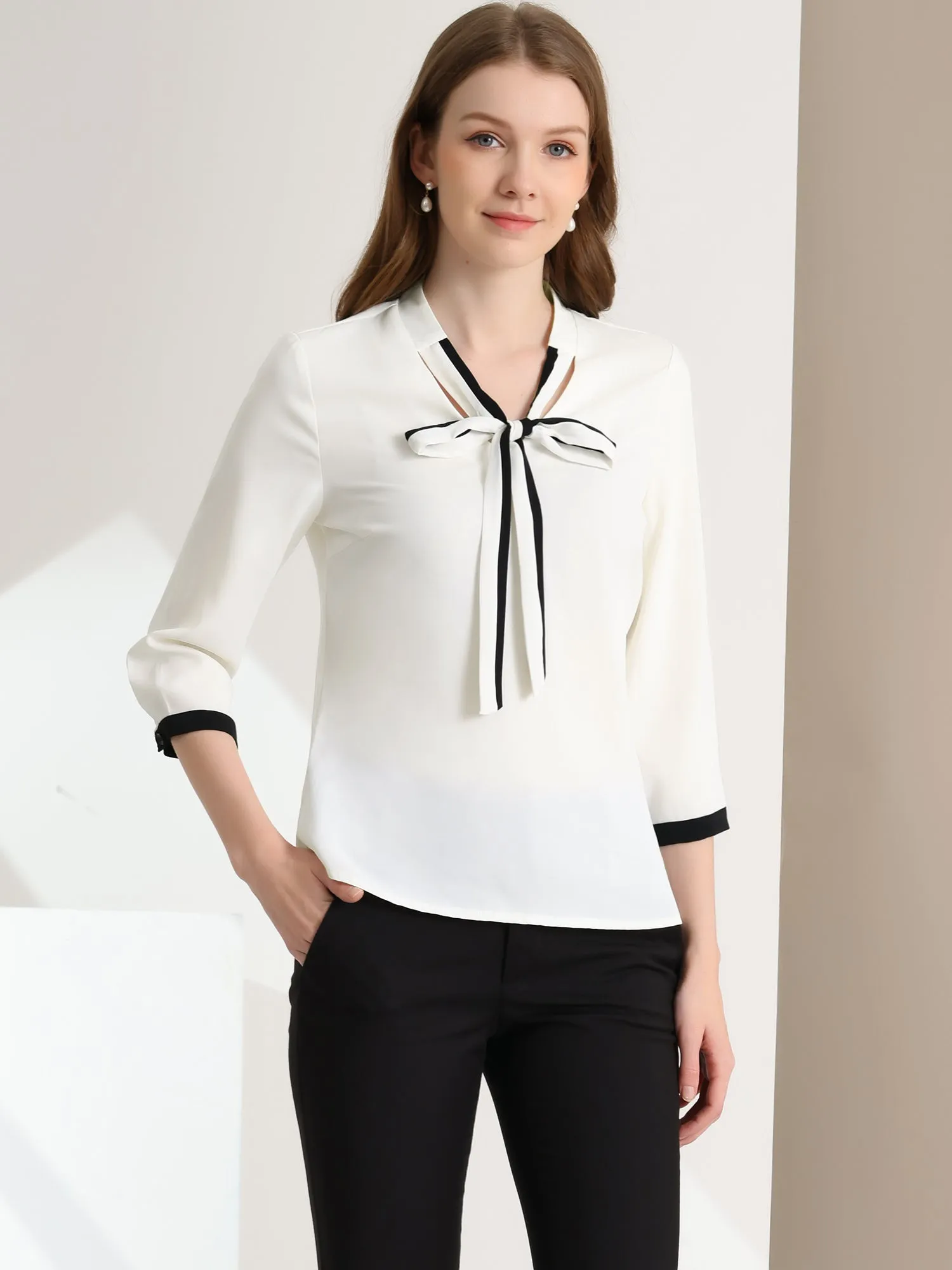 Office Blouse Bow Tie V Neck 3/4 Sleeve Elegant Chiffon Work Tops